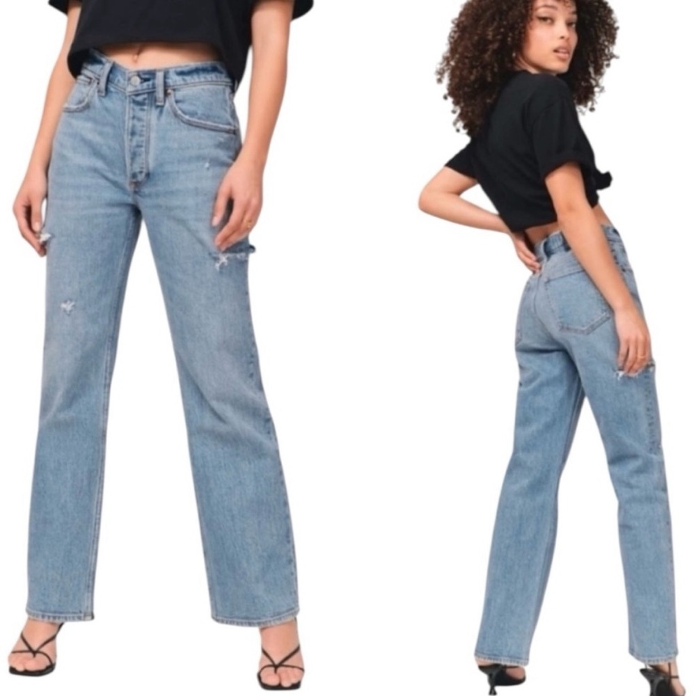 Abercrombie & Fitch 90’s Baggy Distressed Thigh Button-Fly Blue Jeans 27 4 Short